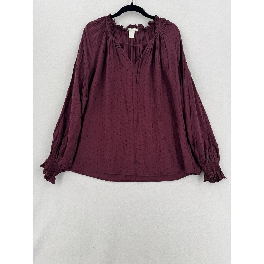 H&M Blouse Women 14 Burgundy Swiss Dot Tie Neck Ruffle Boho Peasant Long Sleeve